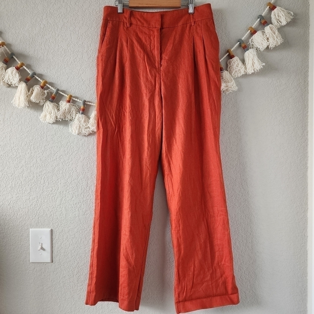 House Of Harlow Linen Orange Straight Leg Trouser Pants Minimalist Coastal 8
